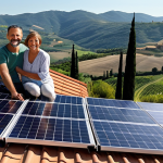 **

Prompt: A sunny Italian rooftop covered in sleek, modern solar panels. In the foreground, a friendly Italian family smiles, looking proudly at their solar installation. The background shows a picturesque Tuscan landscape with rolling hills. The overall feel is bright, clean, and eco-friendly. Emphasize energy independence and family well-being.

**