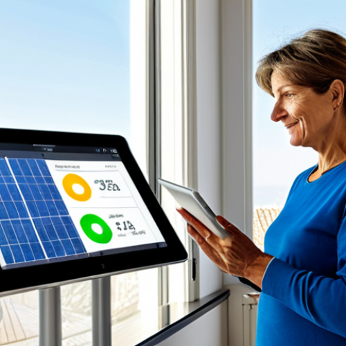 Home 27 A middle-aged Italian woman, fully clothed in a modest yet modern casual outfit, stands in a bright, contemporary living room. She is looking at a tablet, which displays a clear, user-friendly interface showing real-time solar energy production and home consumption data. Through a large window, a glimpse of a clean rooftop with modern solar panels under a clear sky is visible. The scene emphasizes energy independence and technological integration, with clean lines and a comfortable atmosphere. Safe for work, appropriate content, fully clothed, family-friendly, perfect anatomy, correct proportions, natural pose, well-formed hands, proper finger count, natural body proportions, professional photography, high quality, realistic.