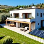 Home 14 **
"Modern Italian house with solar panels on the roof, sunny day, blue sky, surrounded by olive trees, fully clothed family in the garden, safe for work, appropriate content, professional real estate photography, perfect anatomy, natural proportions, modest clothing."
**