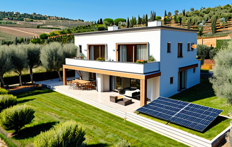 **
"Modern Italian house with solar panels on the roof, sunny day, blue sky, surrounded by olive trees, fully clothed family in the garden, safe for work, appropriate content, professional real estate photography, perfect anatomy, natural proportions, modest clothing."
**