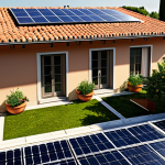 Home 13 **
"A modern Italian home exterior with solar panels on the roof, bathed in warm sunlight. A family (fully clothed, appropriate attire) is visible in the garden, tending to plants. The image emphasizes energy efficiency and sustainability. Include details like terracotta roof tiles and Mediterranean flora. Safe for work, professional photography, family-friendly."
**