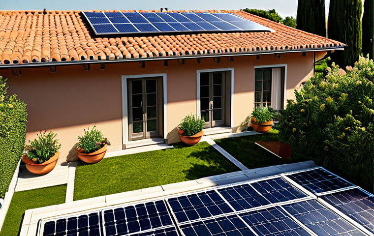 **
"A modern Italian home exterior with solar panels on the roof, bathed in warm sunlight. A family (fully clothed, appropriate attire) is visible in the garden, tending to plants. The image emphasizes energy efficiency and sustainability. Include details like terracotta roof tiles and Mediterranean flora. Safe for work, professional photography, family-friendly."
**