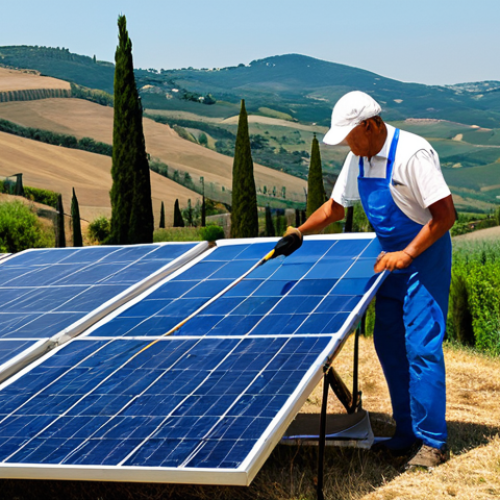 Home 12 Solar Panel Cleaning in Rural Tuscany**
"A homeowner in Tuscany, Italy, cleaning their solar panels with a soft brush and demineralized water. Rolling hills and cypress trees in the background. Fully clothed, appropriate attire. Safe for work, professional, well-lit, high resolution, showcasing the importance of panel cleaning for optimal performance, perfect anatomy, natural proportions."
**