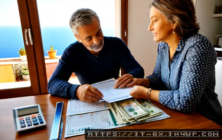 Home 14 태양광 발전 설치를 위한 재정 계획 - Photorealistic Italian household financial planning for rooftop solar installation, middle-aged coup...