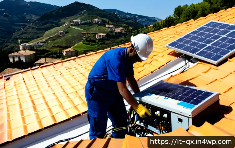 Home 15 태양광 발전 설치 후 전력망 연결 절차 - Photorealistic residential rooftop solar installation in an Italian suburban neighborhood, a certifi...