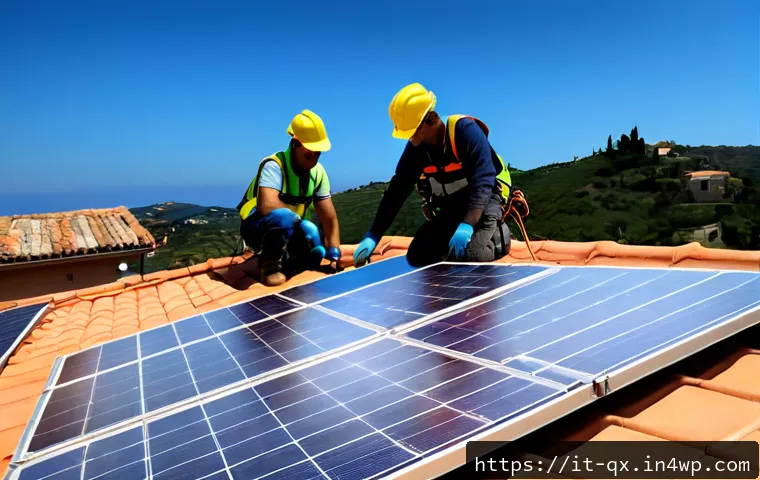 태양광 발전 시스템 설치 시 안전 주의사항 - Photorealistic rooftop solar panel installation on a traditional Italian terracotta-tile home, two p...
